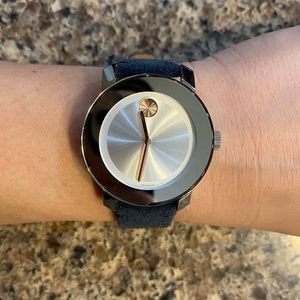 Movado Bold Navy Blue Suede Band with Silver and Rose Gold Face